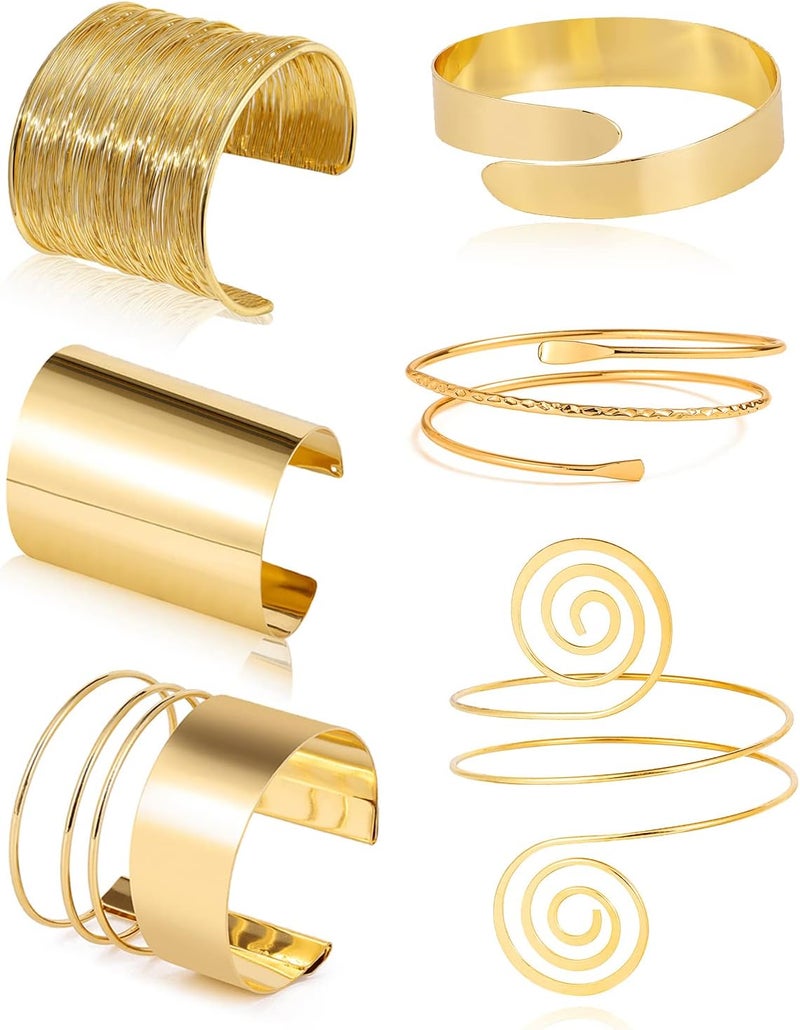 BOMAIL Store 6 Pieces Arm Cuff Bracelet Set - Minimalist Simple Swirl Open Wide Wire Upper Arm Band Bracelets for Women - Adjustable Bangle - Image 1